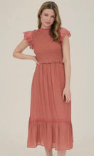 Louise Terracotta Smocked Eyelet Trim Ruffle Detail Midi Dress