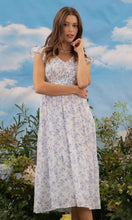 Doris Blue Floral V Neck Smocked Short Sleeve Midi Dress