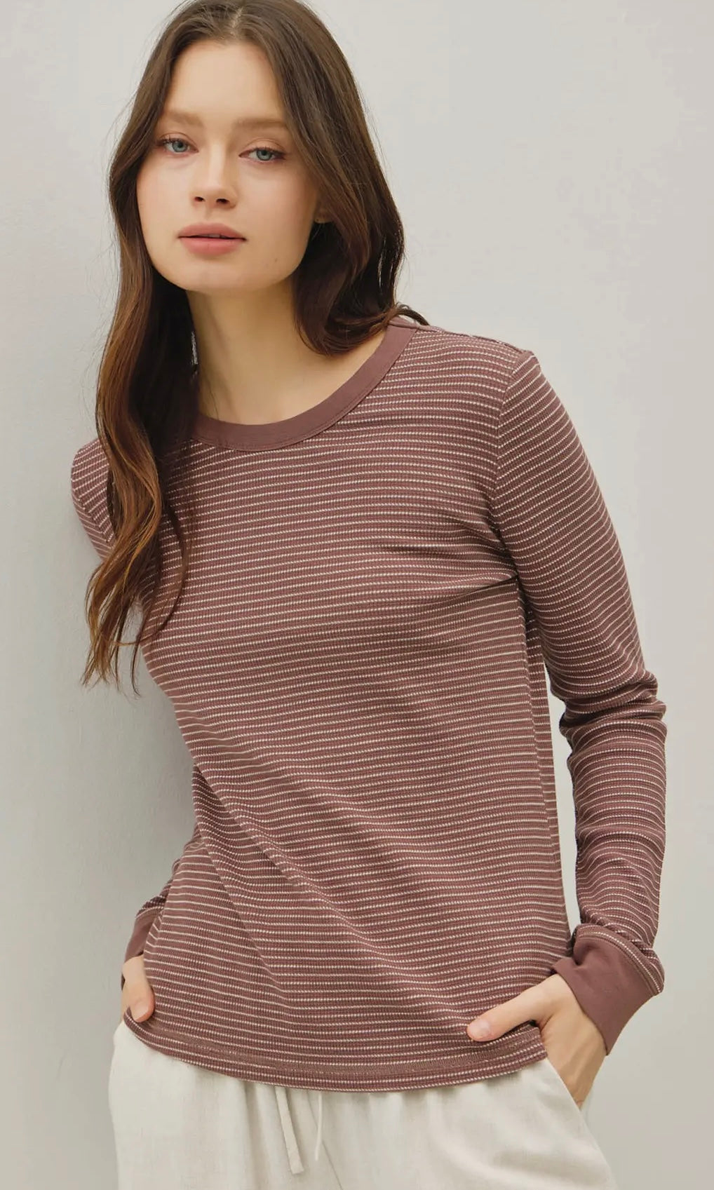 Ivan Brown Stitched Thermal Crew Neck Top