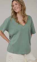 Nicholas Olive Washed Raw Edge V Neck Short Sleeve Knit Top