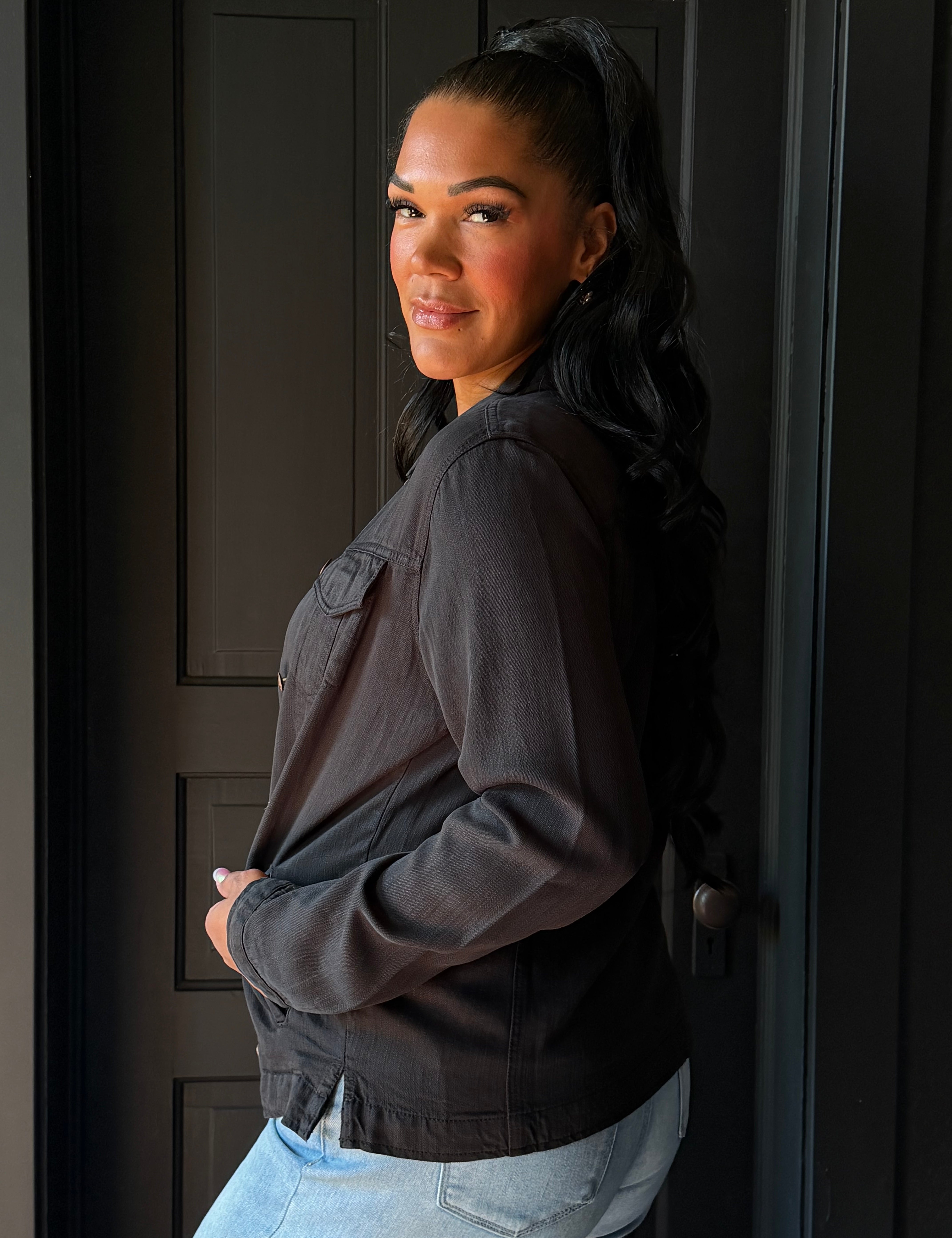 Nia Black Washed Light Button Up Jacket