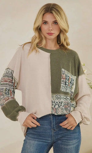 Awina Patchwork Knit Long Sleeve Pullover Top
