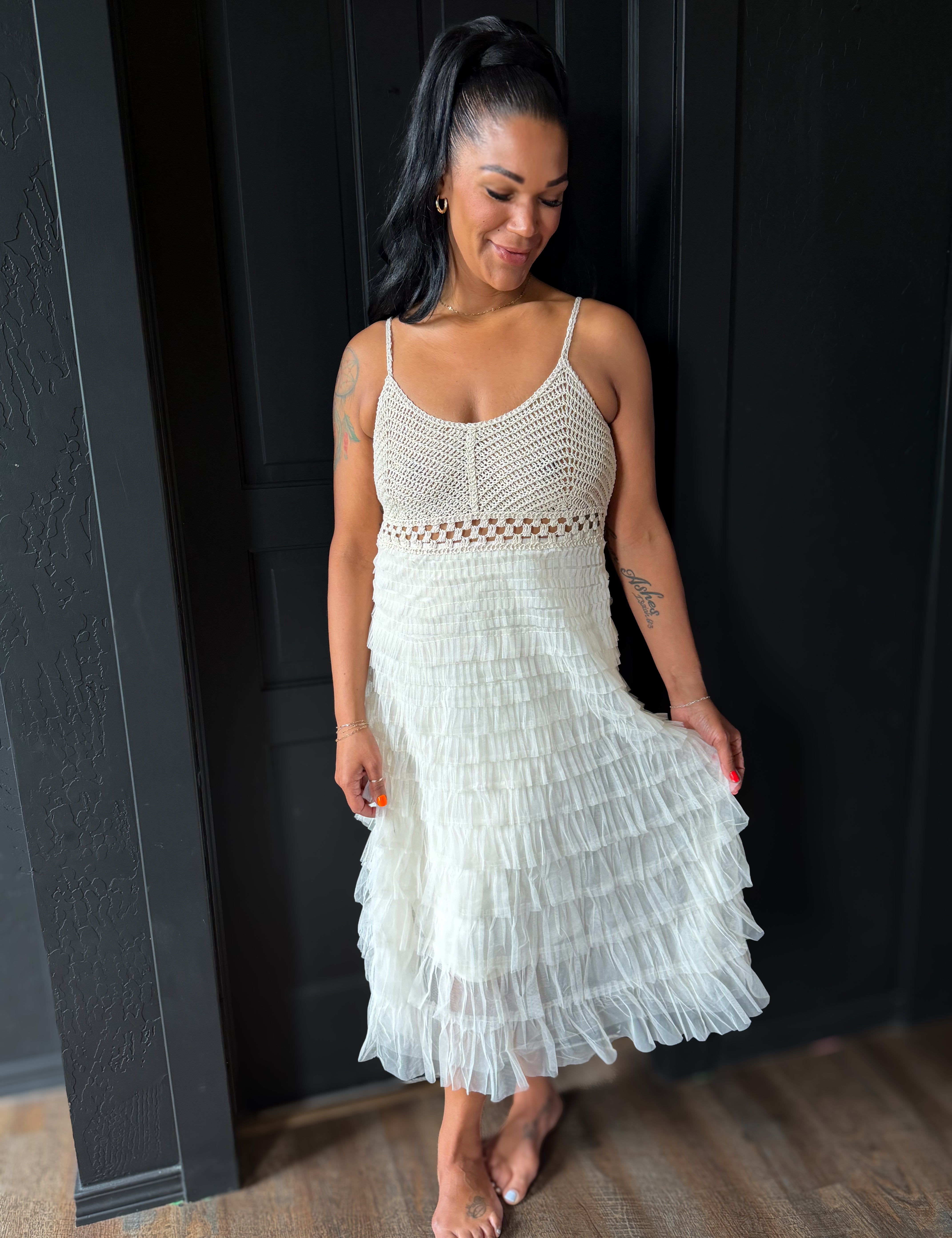 Holt Crochet Tiered Tulle Midi Dress
