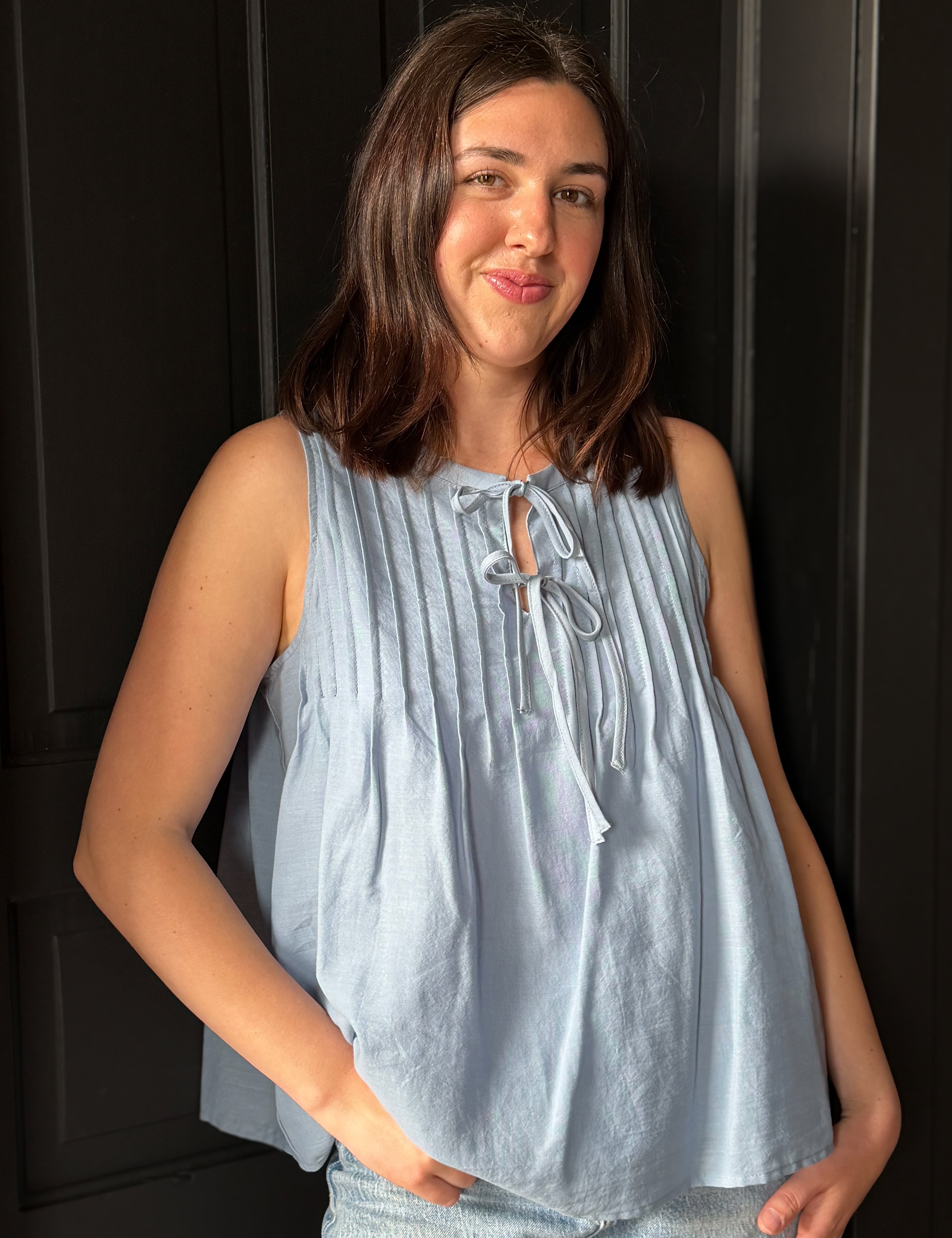 Halley Pintuck Tie Front Sleeveless Blouse