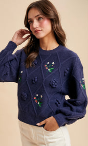 Luisa Navy 3D Embroidered Cable Pullover