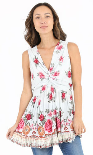 Carlisha Mint Floral V Neck Twist Front Tank Top