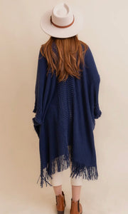 Porter Navy Open Work Frayed Border Bohemian Ruana