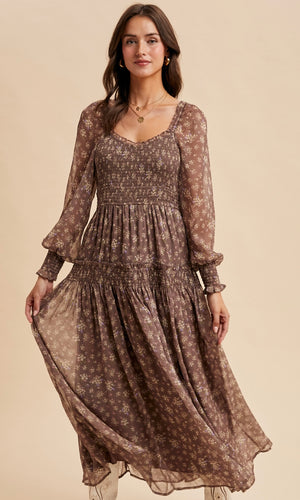 Leki Mocha Mousse Smocked Floral Maxi Dress