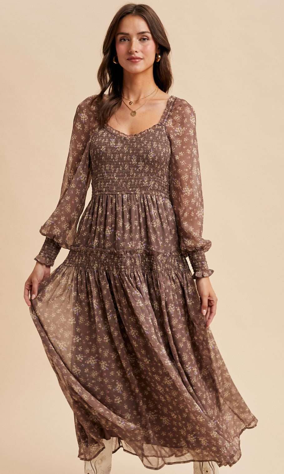 Leki Mocha Mousse Smocked Floral Maxi Dress