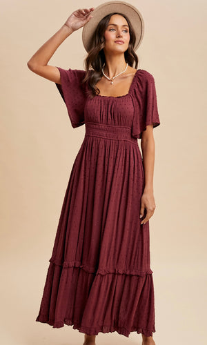 Lilith Cherry Laquer Swiss Dot Flutter Sleeve Maxi