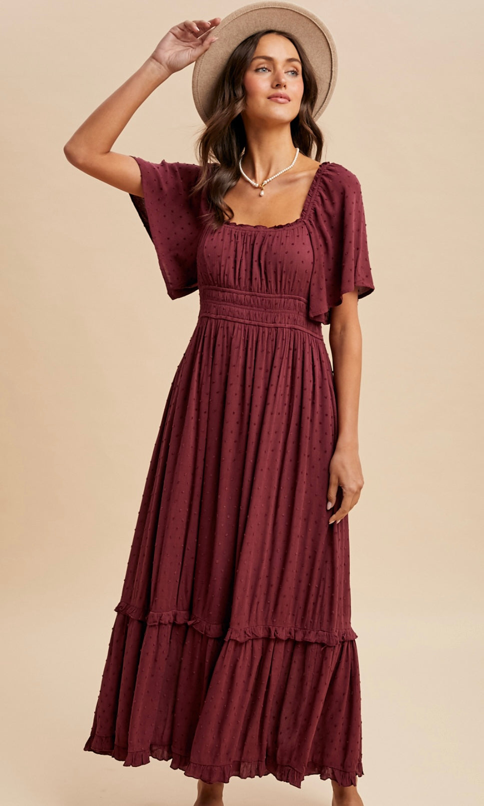 Lilith Cherry Laquer Swiss Dot Flutter Sleeve Maxi