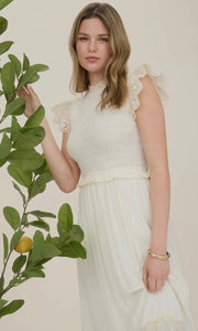 Louise Ivory Smocked Eyelet Trim Ruffle Detail Midi Dress