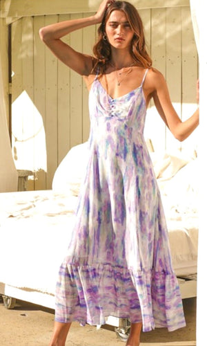 Arien Blue Lavender Abstract Split Hem Midi Dress