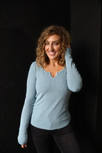 Nicole Teal Ribbed Notched Neck Longsleeve Basic Top