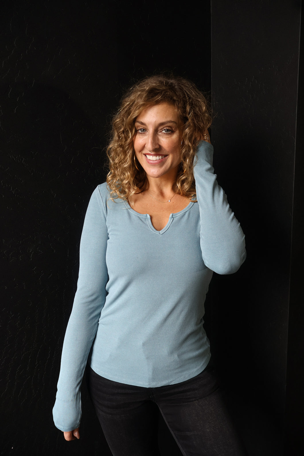 Nicole Teal Ribbed Notched Neck Longsleeve Basic Top