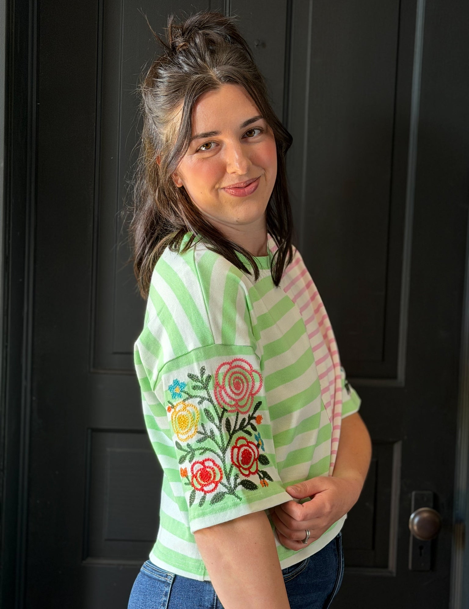 Harmonia Chain Stitch Rose Embroidered Mix Stripe Tee