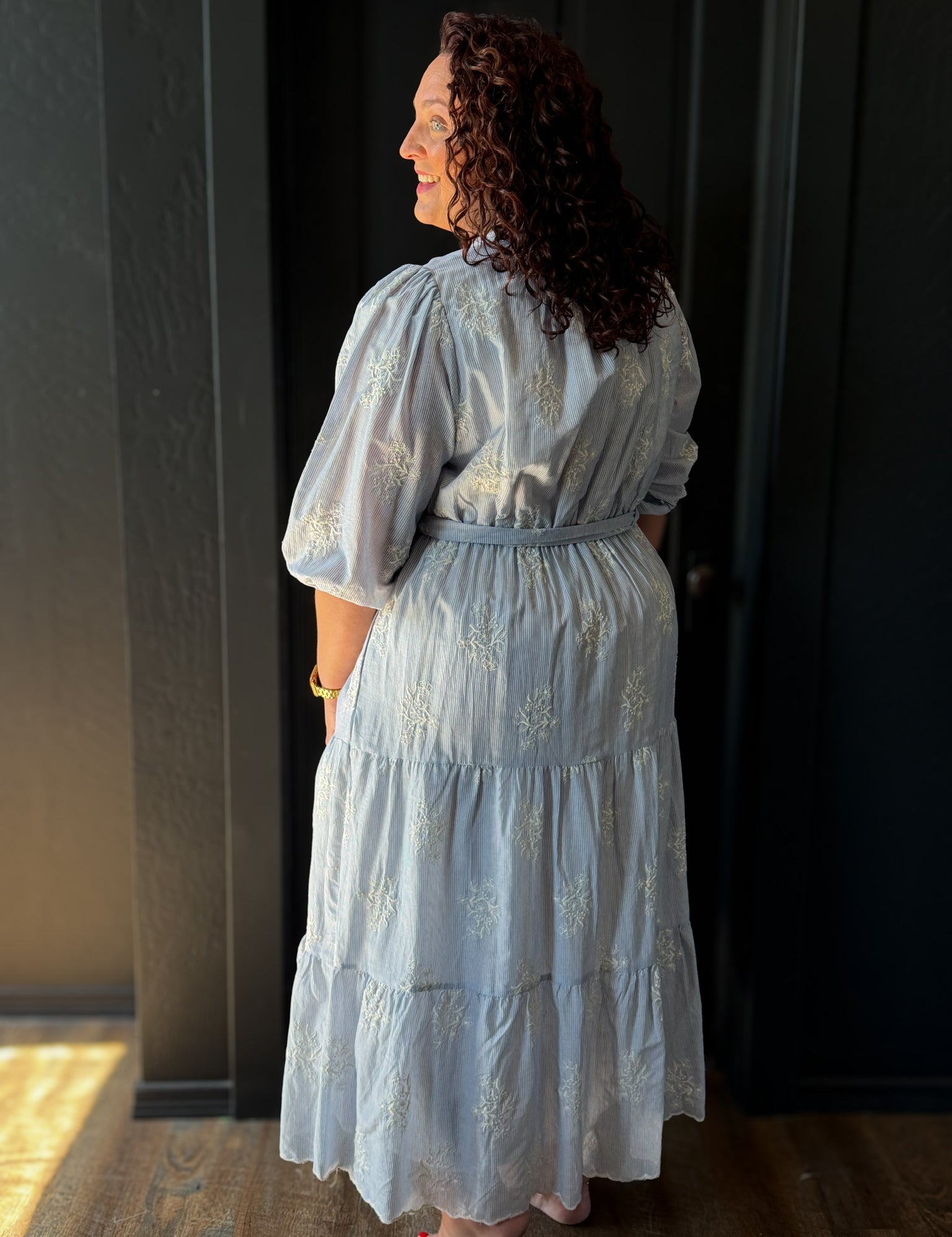 Alaia Plus Size Stripe with Embroidery Button Up Belted Midi Dress