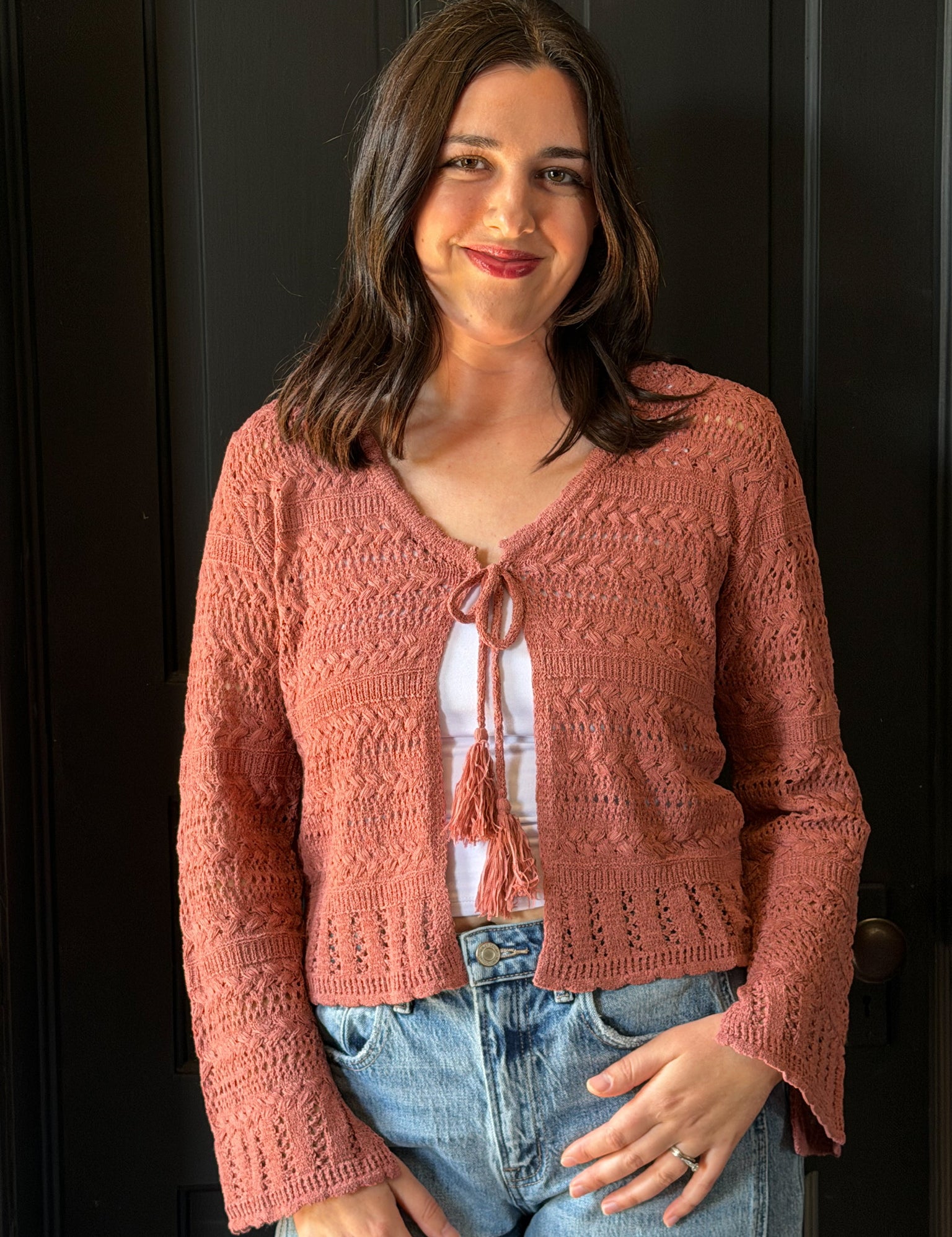 Kane Pointelle Open Tie Cropped Cardigan