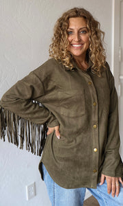 Moon Olive Fringe Detailed Suede Shirt