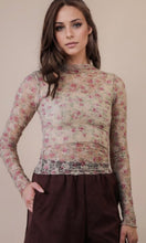 Percy Beige Floral High Neck Fitted Sheer Mesh Lace Knit Top