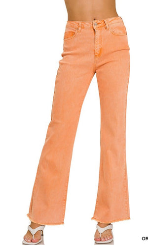 Acarie Orange Wide Leg Stretch Cotton Frayed Hem Pants