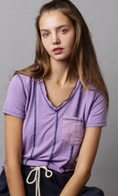 Danica Purple V Neck Short Sleeve Front Pocket Woven Mixed Top