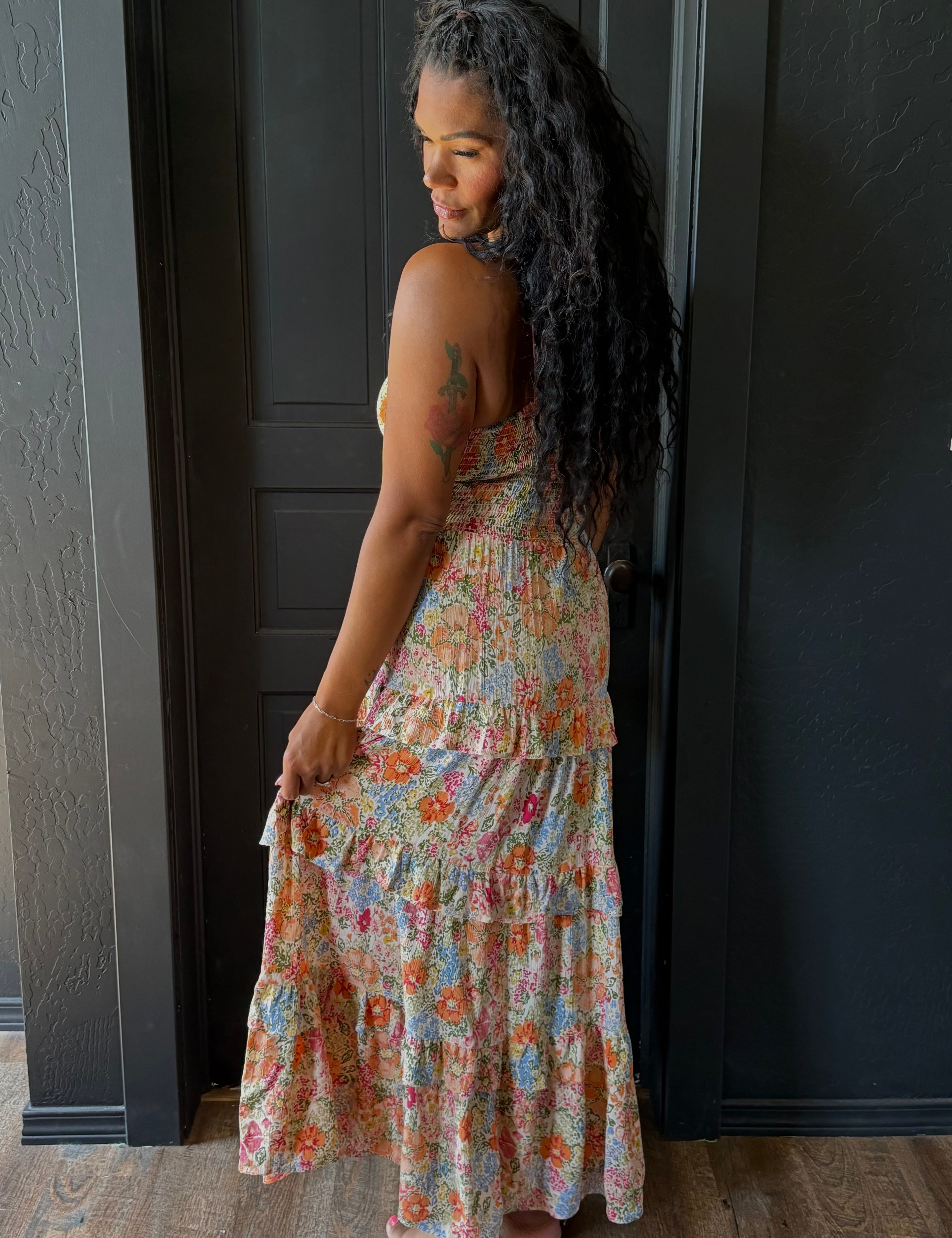 Melanie V Neck Twist Front Cut Out Ruffle Tiers Floral Maxi Dress