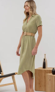 Leon Olive Button Down Belted Midi Dress