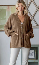 Ariba Chestnut Solid Rib Drop Shoulder Button Balloon Sleeve Cardigan