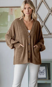 Ariba Chestnut Solid Rib Drop Shoulder Button Balloon Sleeve Cardigan