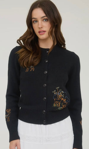 Launie Black Deer Embroidered Detail Long Sleeve Sweater