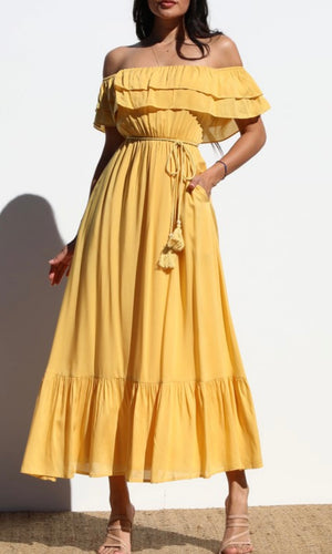 Eira Mustard Off Shoulder Woven Midi Dress