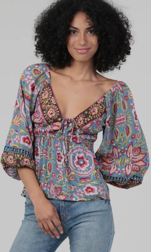 Palmer V Neck Lace Trim Printed Blouse