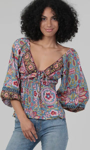 Palmer V Neck Lace Trim Printed Blouse