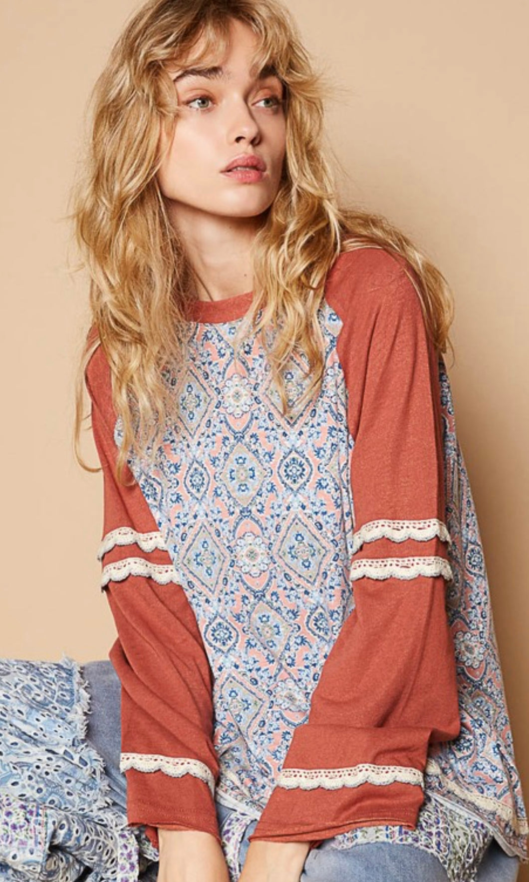 Diana Red Round Neck Long Sleeve Printed Knit Solid Top