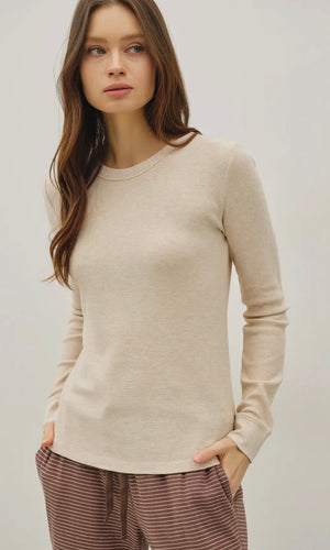 Ismael Oatmeal Stitched Thermal Henley Neck Top