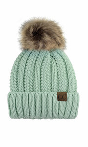 CC Beanie Thick Ribbed Knit Faux-Fur Pom Pom Lined Beanie