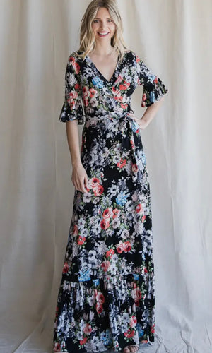 Daylin Black Floral Surplice Self Tie Maxi Dress