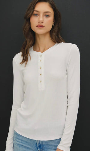 Levi Off White Modal Classic Ribbed Long sleeve Henley Basic Top