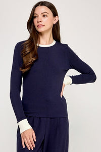Miguel Navy Long Sleeve Top with Contrast Collar