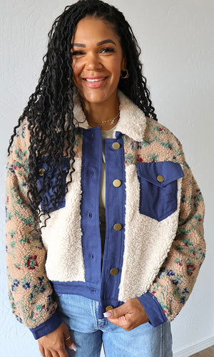 Marlow Fuzzy Floral Print Contrast Boxy Jacket