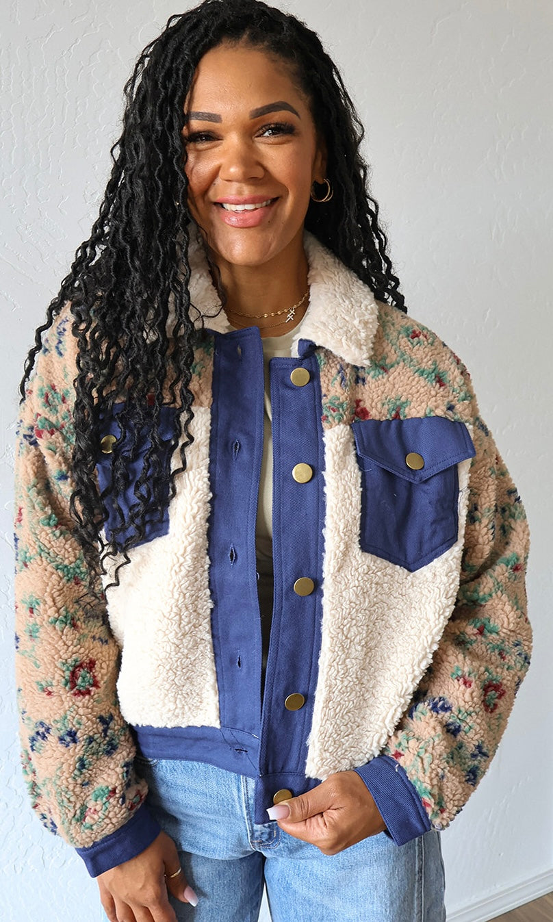 Marlow Fuzzy Floral Print Contrast Boxy Jacket
