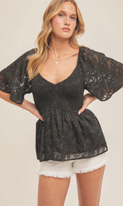 Gervase Black V Neck Flutter Sleeve Smocked Bodice