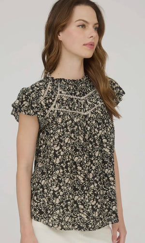 Lee Floral Lace Yoke Trim Ruffle Detail Short Sleeve Top