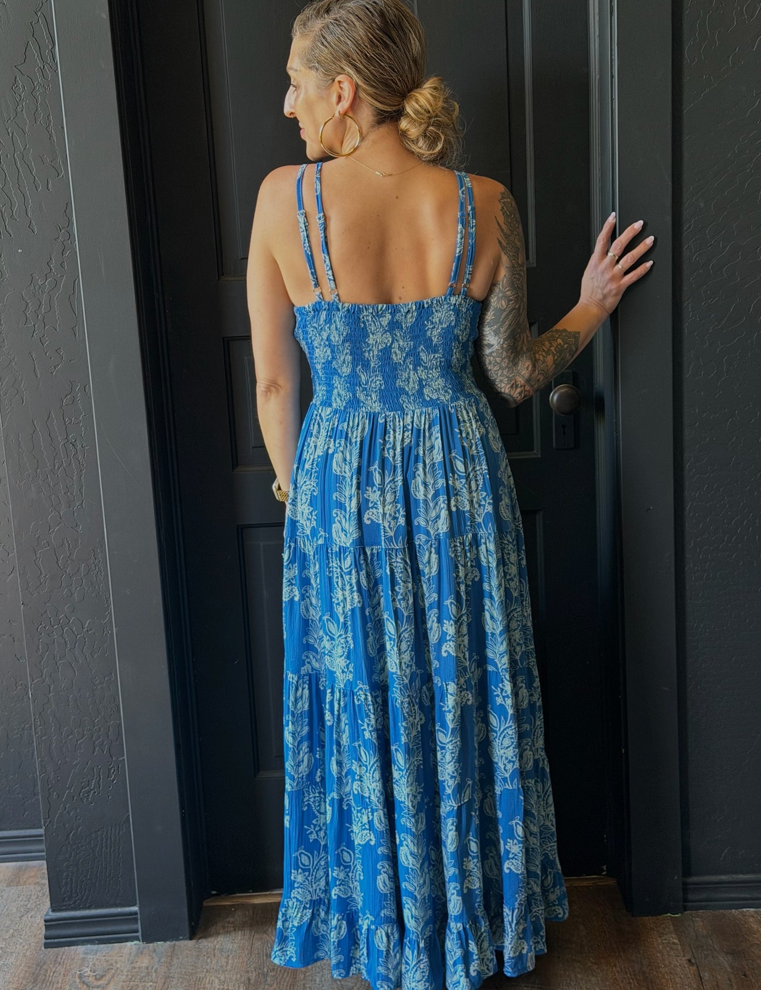 Anora Blue V-Neck Lace Cutout Double Strap Maxi Dress
