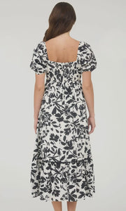 Lawson Black Floral Scallop Trim Puff Sleeve Midi Dress