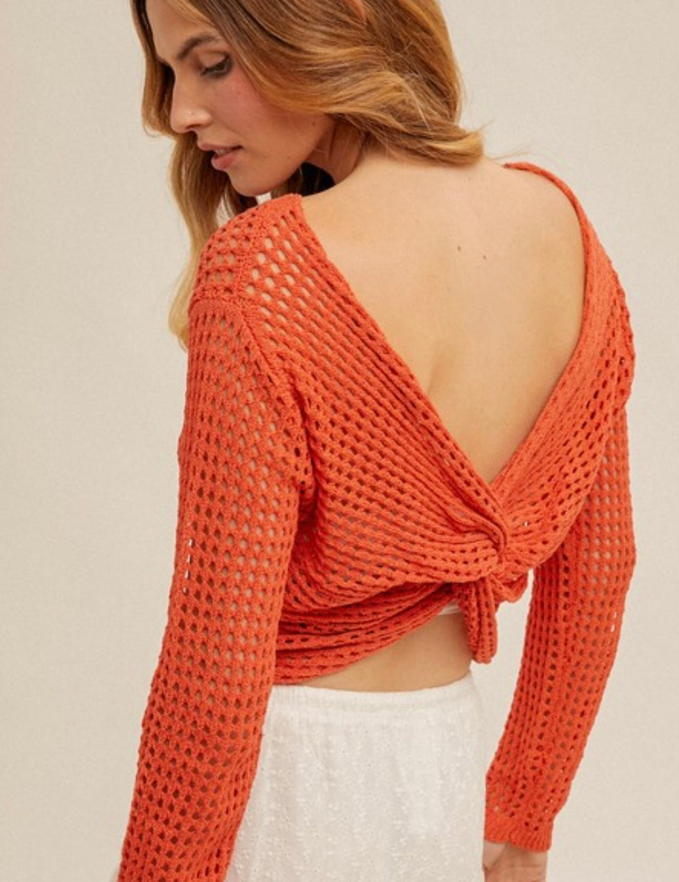Gilif Open Crochet Reversible Twist Crop Sweater