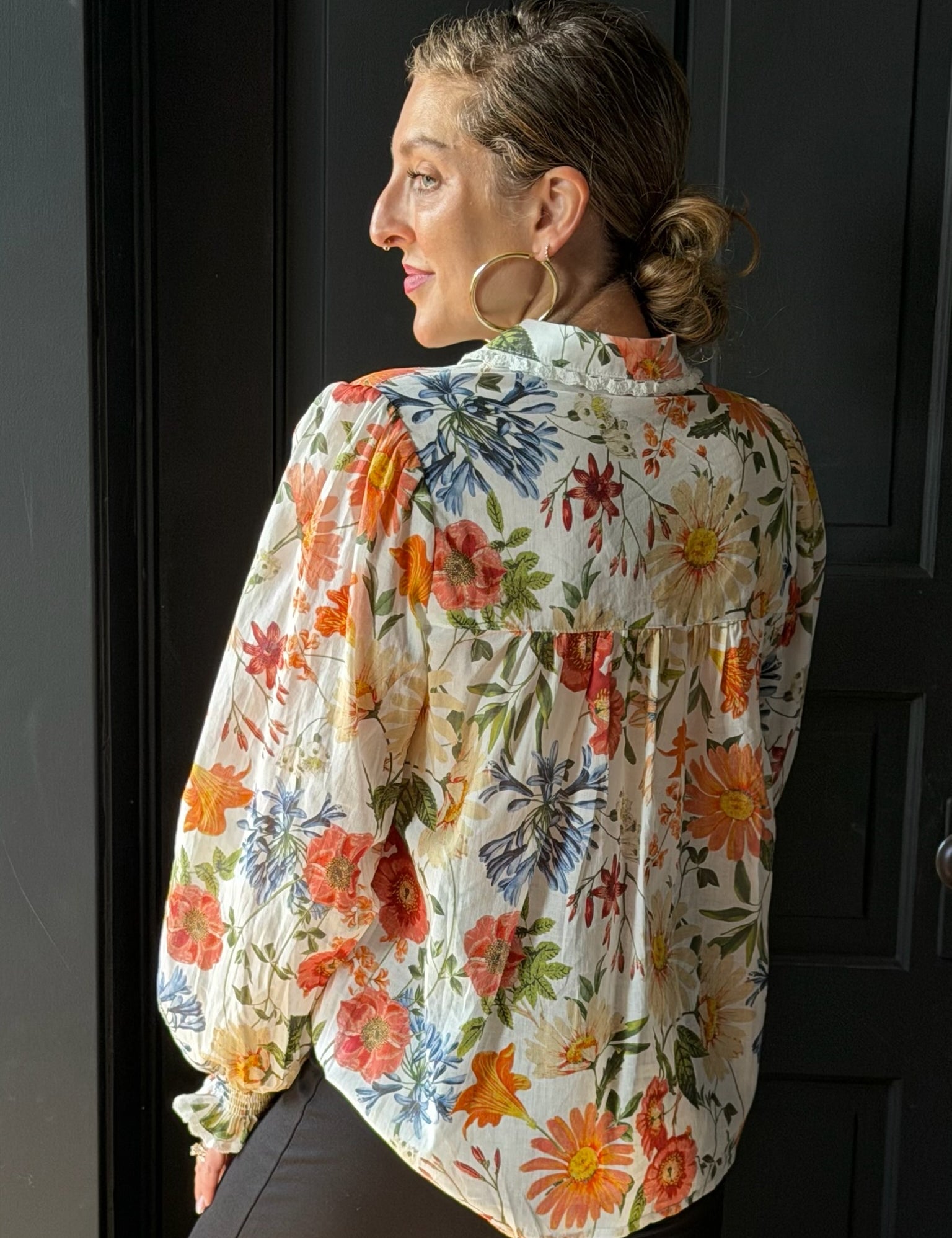 Saffron Off White Multi Lace Trimmed Floral Print Long Sleeve Blouse