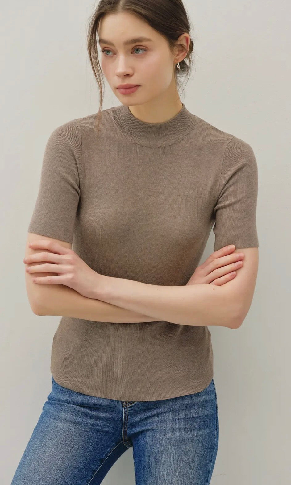 Nylah Heather Brown Ribbed Short Sleeve Mock Neck Sweater