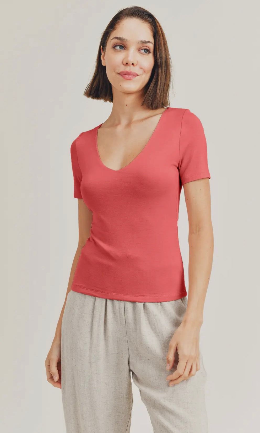 Edith Deep Coral V-Neck Short Sleeve Top